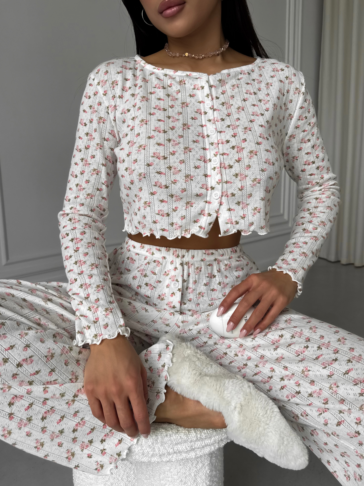 Жіноча домашня піжама з квітковим принтом, комплект штани + топ