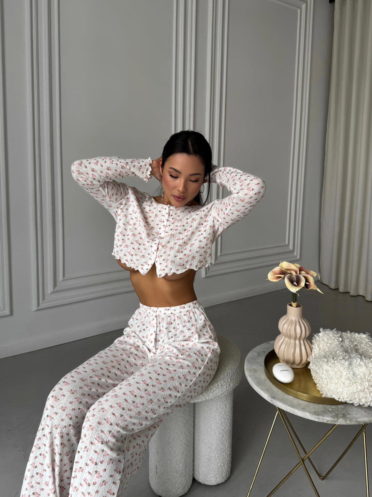 Жіноча домашня піжама з квітковим принтом, комплект штани + топ