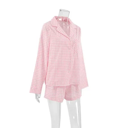 Рожева піжама в клітинку — сорочка і шорти з бавовни