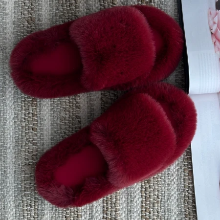 Жіночі домашні пухнасті капці Luxury з відкритим носком у Бордовому кольорі