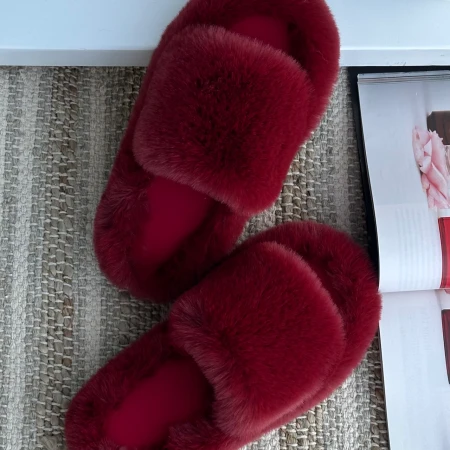 Жіночі домашні пухнасті капці Luxury з відкритим носком у Бордовому кольорі