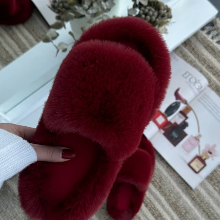 Жіночі домашні пухнасті капці Luxury з відкритим носком у Бордовому кольорі