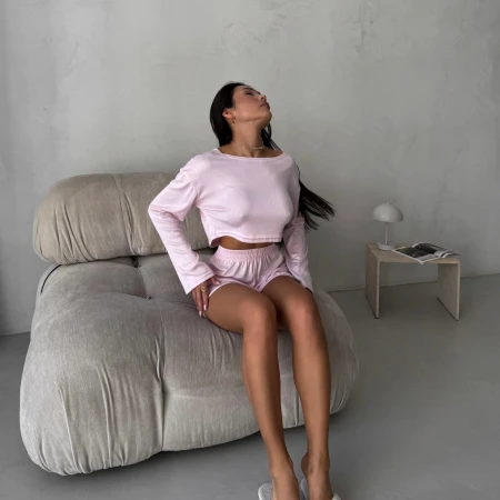 Жіноча піжама в рубчик з хвилястим краєм: рожевий топ і шорти | Dream v Doma