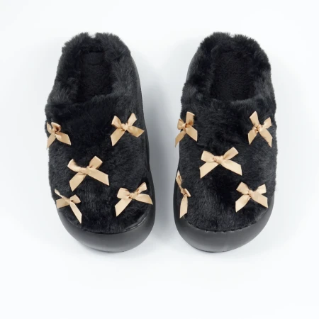 Женские домашние тапочки с бантиками в черном цвете