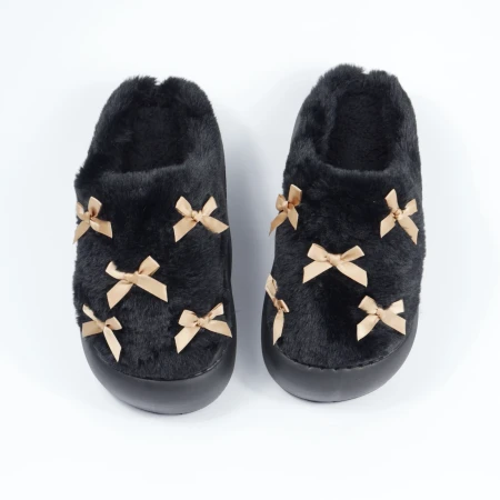 Женские домашние тапочки с бантиками в черном цвете