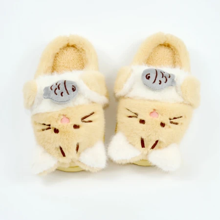 Детские комнатные тапочки «Зверята» из эко-меха (Бежевый котик)