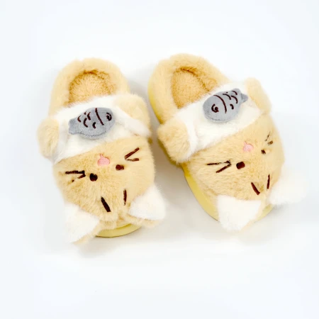 Детские комнатные тапочки «Зверята» из эко-меха (Бежевый котик)