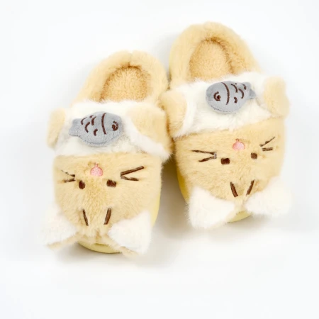 Детские комнатные тапочки «Зверята» из эко-меха (Бежевый котик)